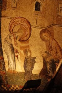 representation in a mosaic of 7 steps of Mary