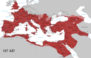 The Roman Empire (red) and its clients (pink) in 117 AD during the reign of emperor Trajan.