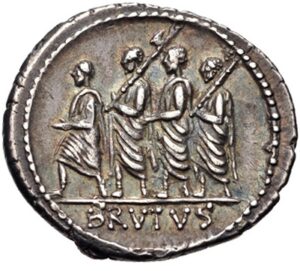 Denarius of 54 BC, showing the first Roman consul, Lucius Junius Brutus, surrounded by two lictors and preceded by an accensus