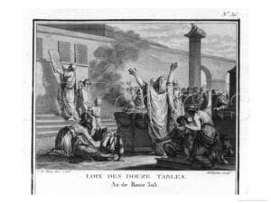Publication of the The Law of the Twelve Tables in Rome,approx. 2 BC. Drawing by Silvestre David Mirys (1742-1810)