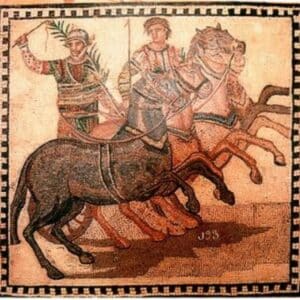 Mosaic with a charriots race in Ancient Rome