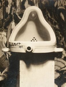 Marcel Duchamp's Fountain, 1917, photograph by Alfred Stieglitz at the 291 Art Gallery after the 1917 Society of Independent Artists exhibition, with a visible entry label.