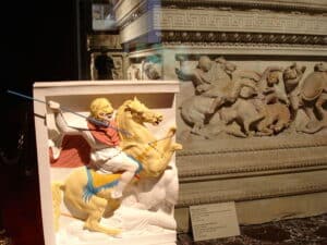 Reconstitution of the original polychromy of part of the Alexander Sarcophagus, Istanbul Archaeological Museum, Turkey.