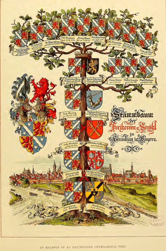 Example of a family tree illustrated with heraldic coats of arms.